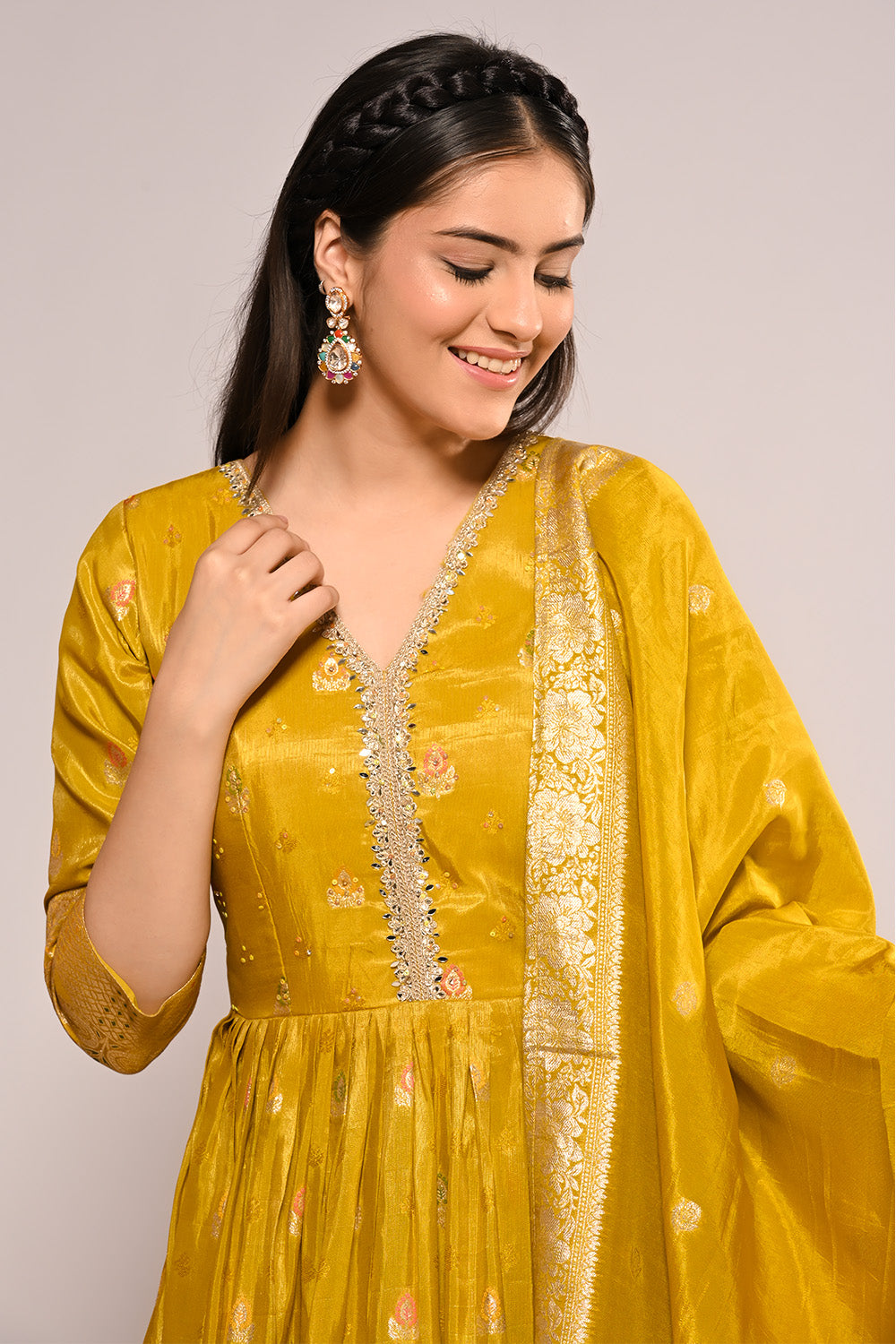 Mustard Color Mantellic Tissue Embroidered and Woven Anarkali Suit