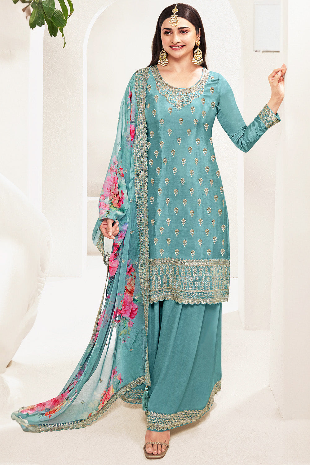 Turquoise Color Georgette Embroidered Unstitched Suit Material With Palazzo