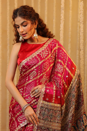 Magenta Pink Pure Gharchola Gajji Silk Printed And Embroidered Saree