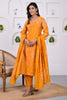Mustard Color Printed & Neck Embroidered Muslin Suit