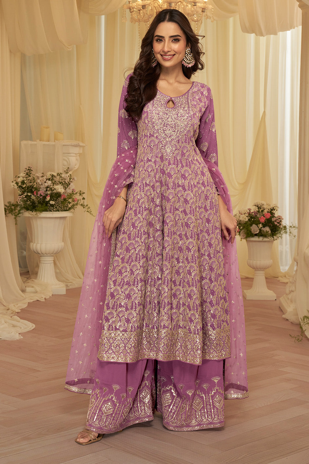 Mauve Georgette Embroidered Anarkali Suit Set