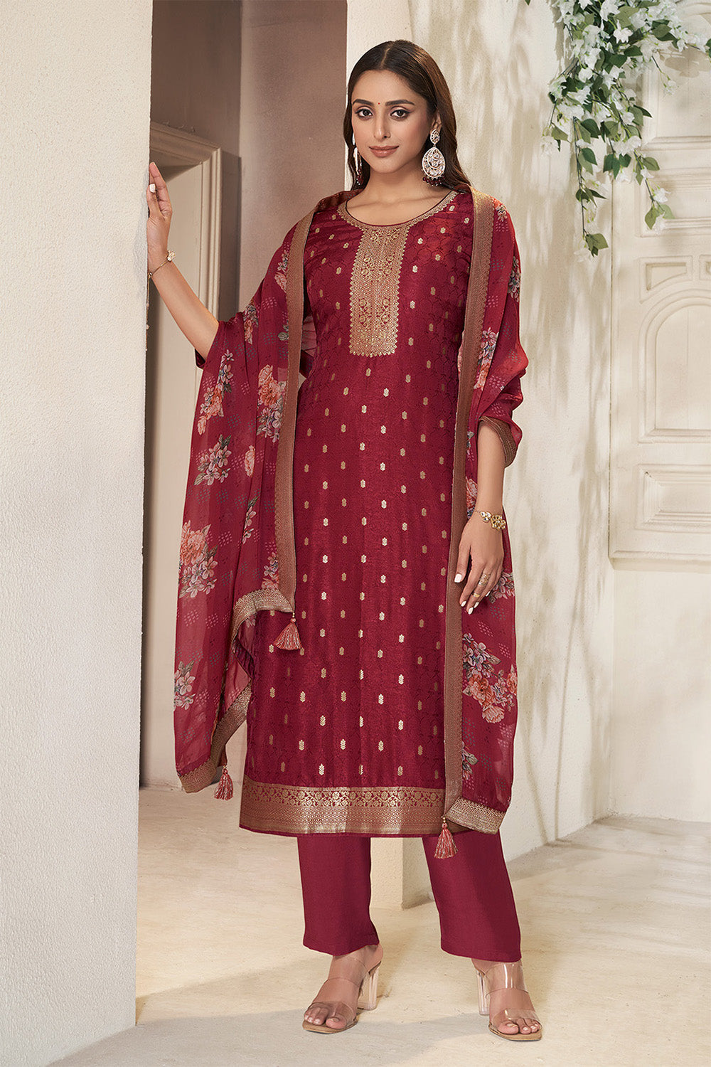 Maroon Silk Zari Woven Suit Set