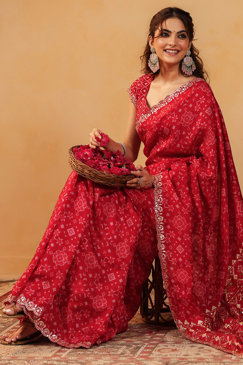 Red Color Ikat Patola Modal Silk Saree with Gota Patti Border