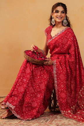 Red Color Ikat Patola Modal Silk Saree with Gota Patti Border