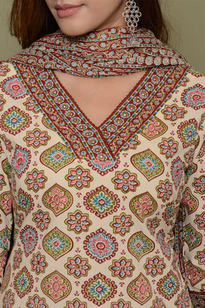 Beige Color Cotton Printed Suit