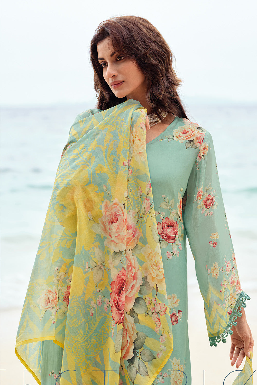 Sea Green Color Floral Printed Organza Tissue Suit