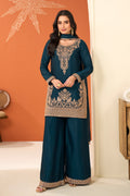 Teal Crepe Silk Cut-Dana Embroidered Suit With Embroidered Palazzo
