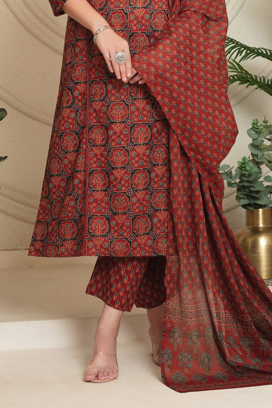 Maroon Cotton Floral Printed Suit Set