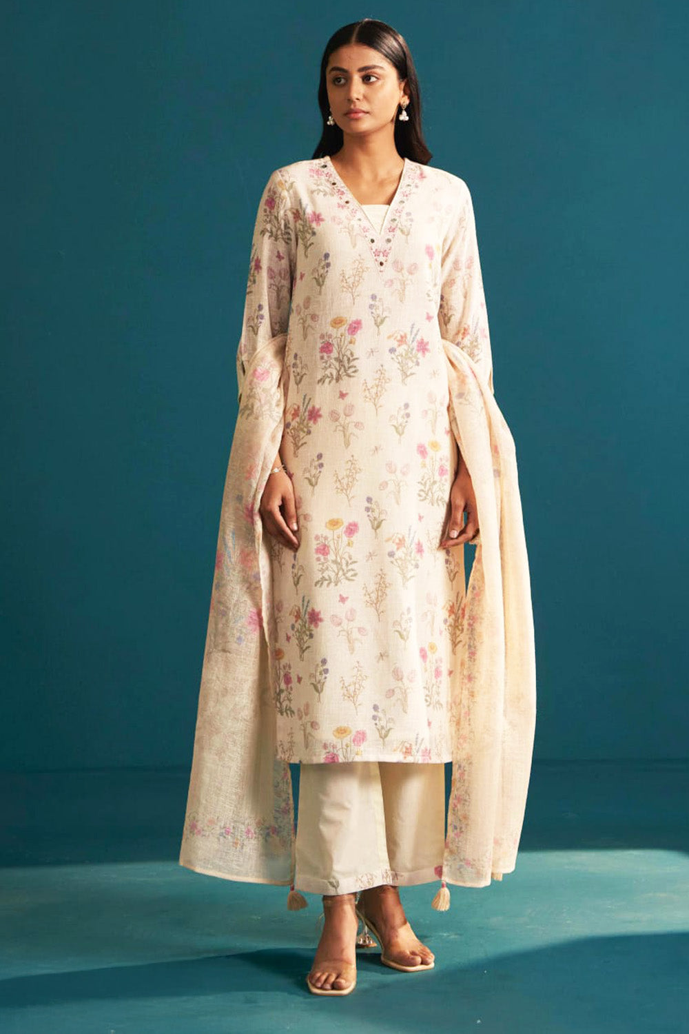 Cream Color Khadi Cotton Floral Printed and Neck Embroidered Suit