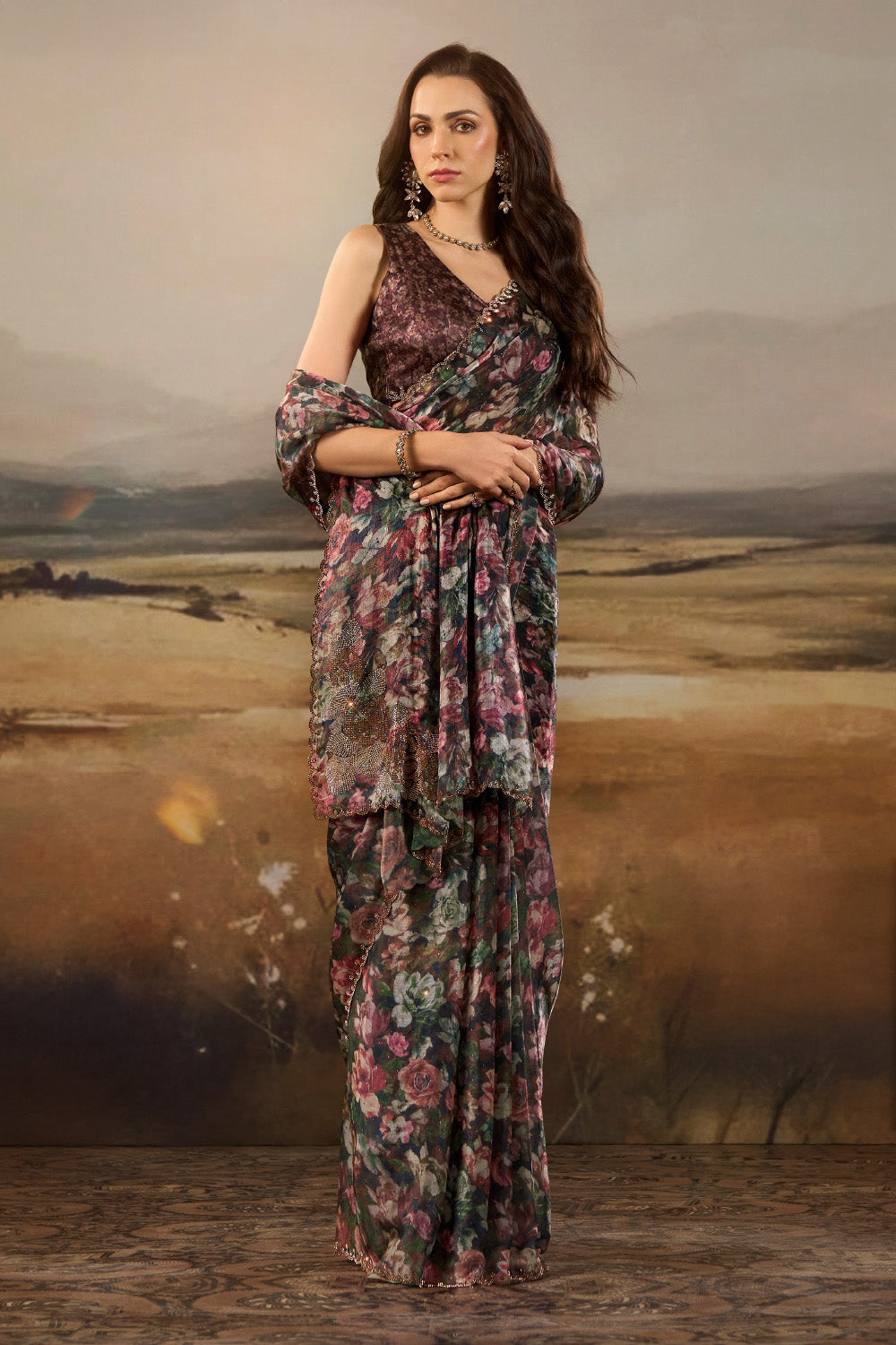 Brown Shimmer Floral Printed Saree with Swarovski Work on Border