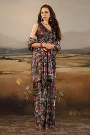 Brown Shimmer Floral Printed Saree with Swarovski Work on Border