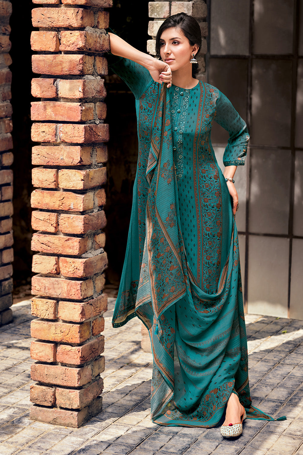 Teal Color Crepe Silk Printed Unstitched Suit Material