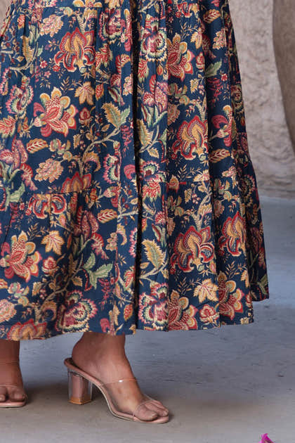 Navy Cotton Floral Printed Anarkali Kurti