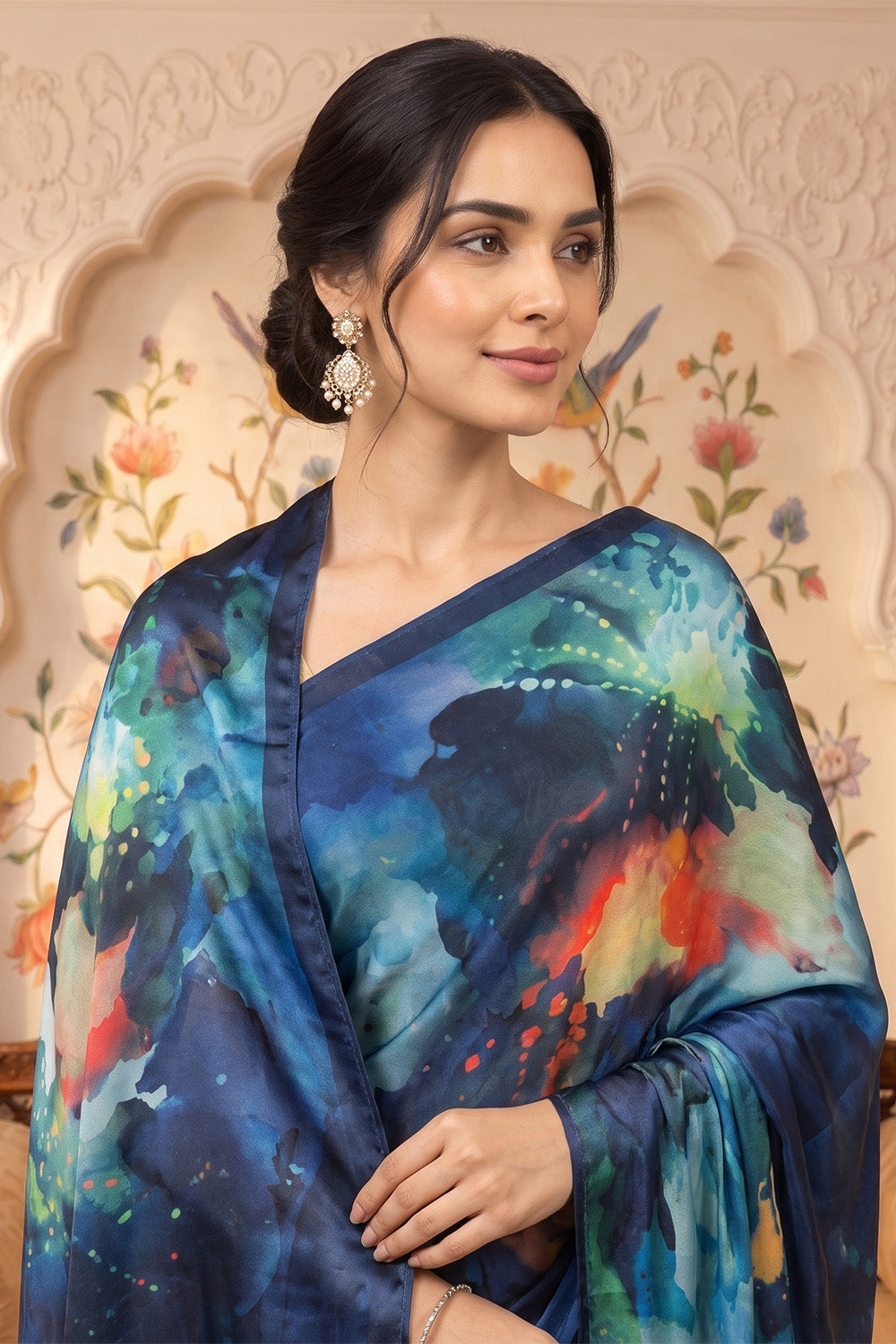 Blue Satin Abstract Printed Saree