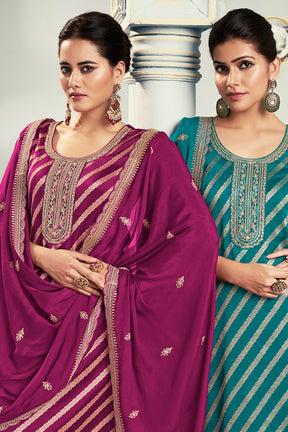 Teal Embroidered & Woven Chanderi Silk Unstitched Suit Fabric