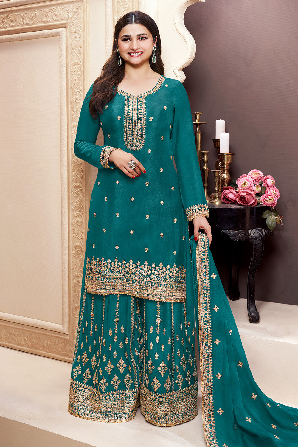 Teal Color Embroidered Chinon Silk Unstitched Suit Fabric with Embroidered Palazzo