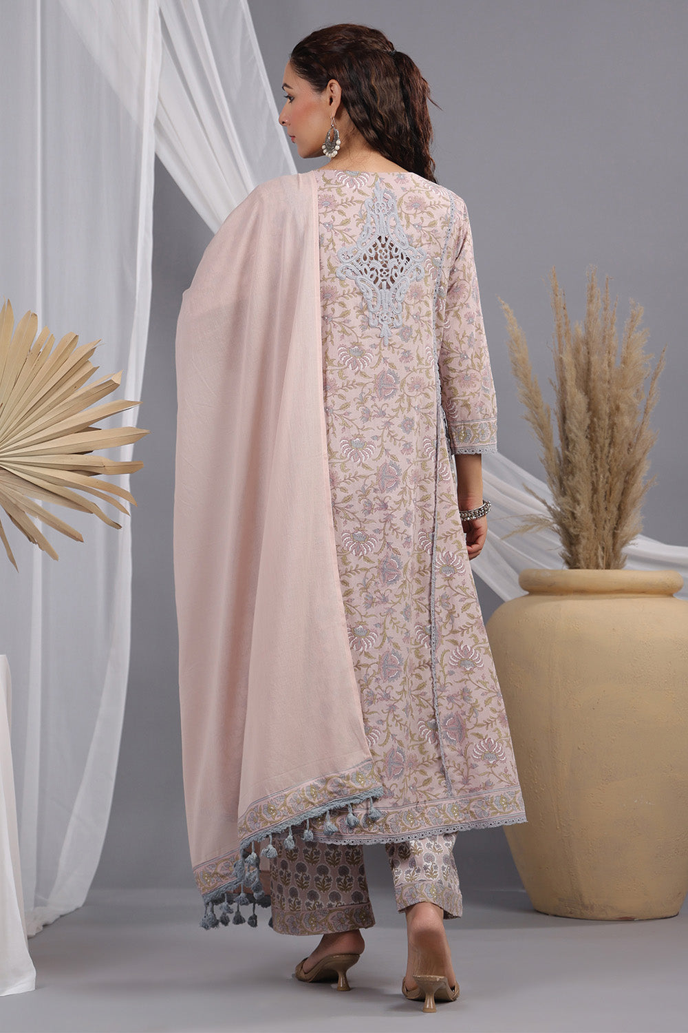 Dusty Peach Color Floral Printed & Lace Work Anarkali Suit