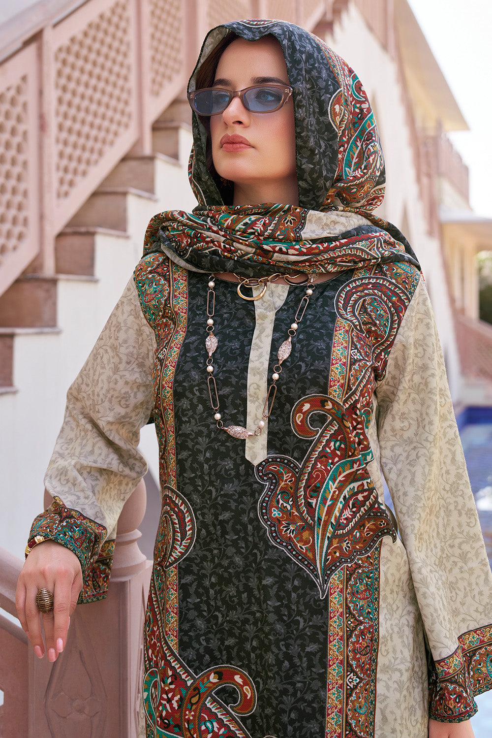Black & Beige Spun Mughal-Inspired Paisley Printed Unstitched Suits Material