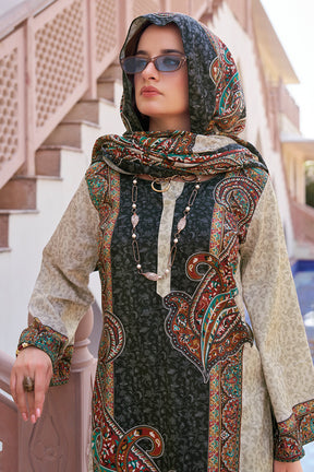Black & Beige Spun Mughal-Inspired Paisley Printed Unstitched Suits Material