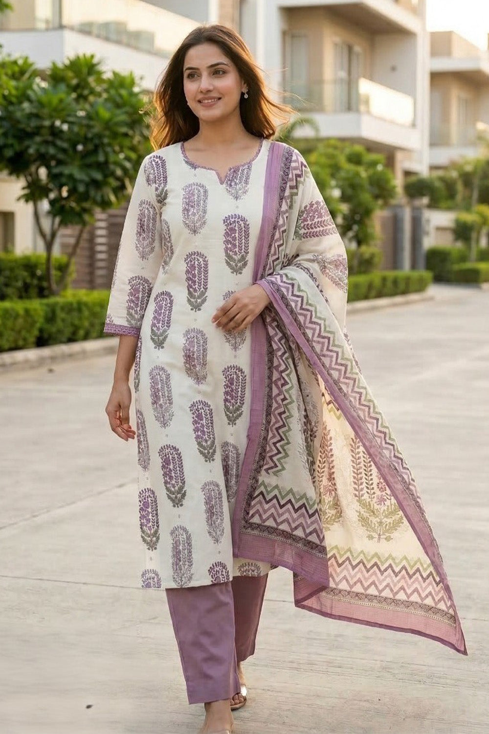 Cream And Mauve Hand-Block Printed Cotton Suit