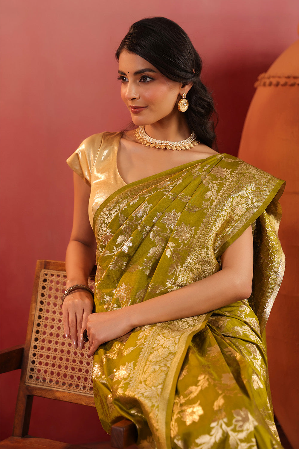 Sage Green Zari Floral Woven Silk Saree