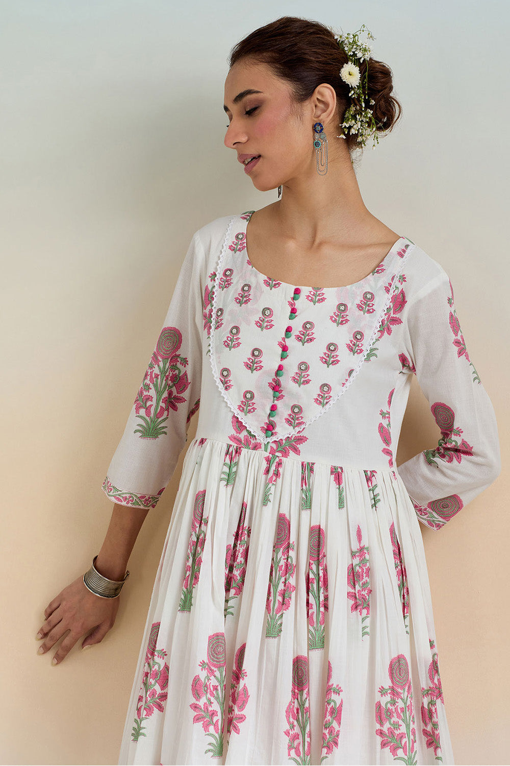 White & Pink Color Cotton Printed  Anarkali Suit