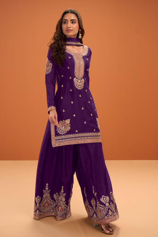 Purple Crepe Silk Zari and Sequins Embroidered Suit With Embroidered Palazzo