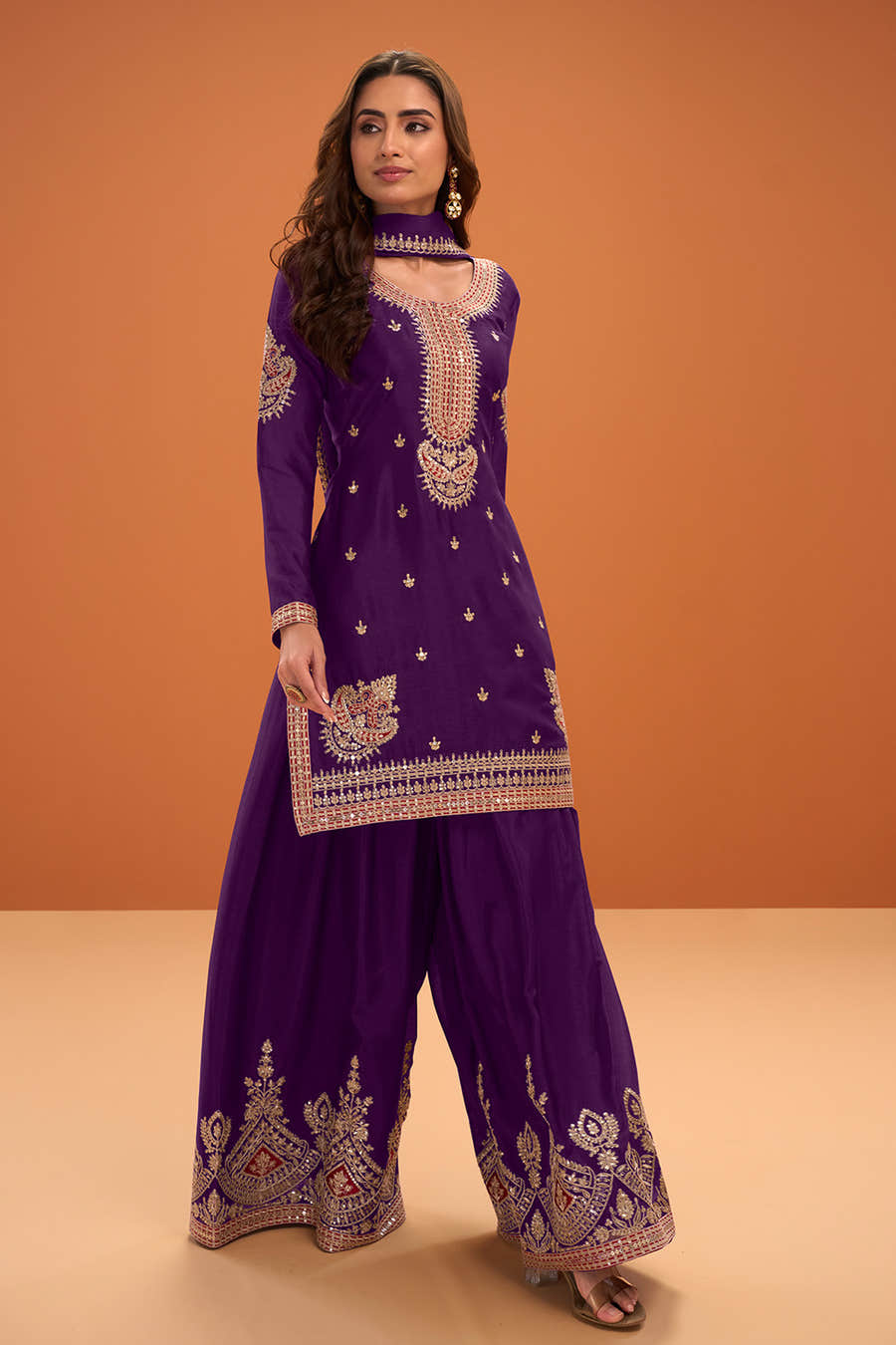Purple Crepe Silk Zari and Sequins Embroidered Suit With Embroidered Palazzo