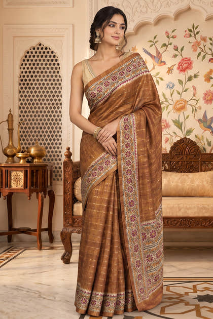 Brown Tussar Silk Printed And Zari Taar Woven Saree