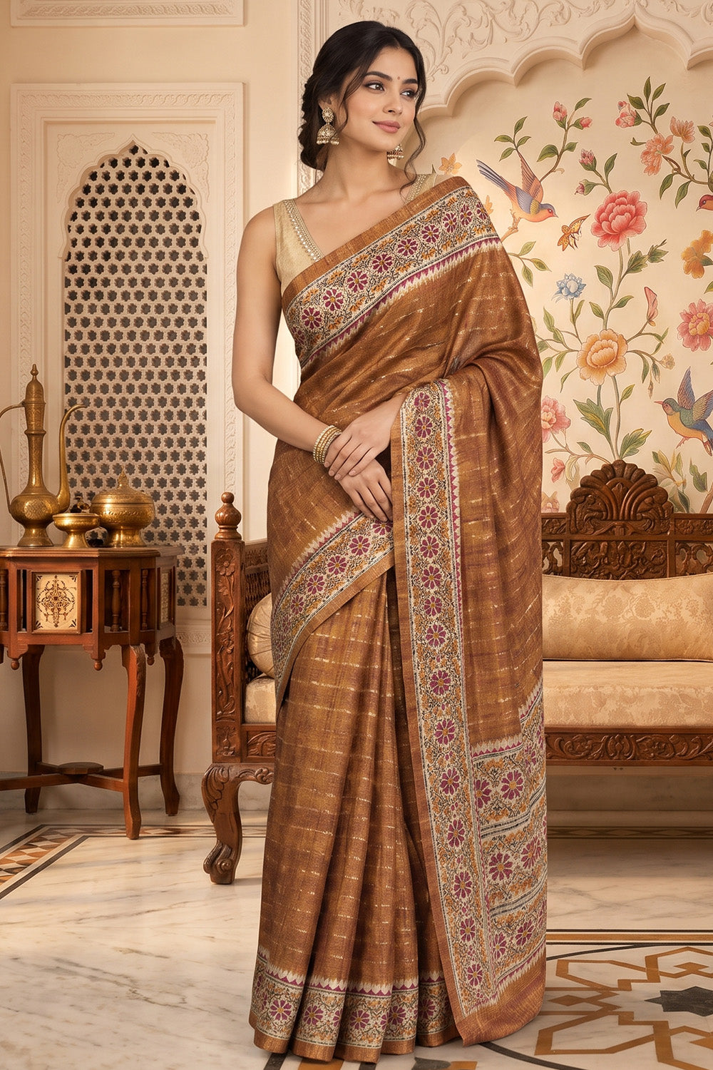 Brown Tussar Silk Printed And Zari Taar Woven Saree