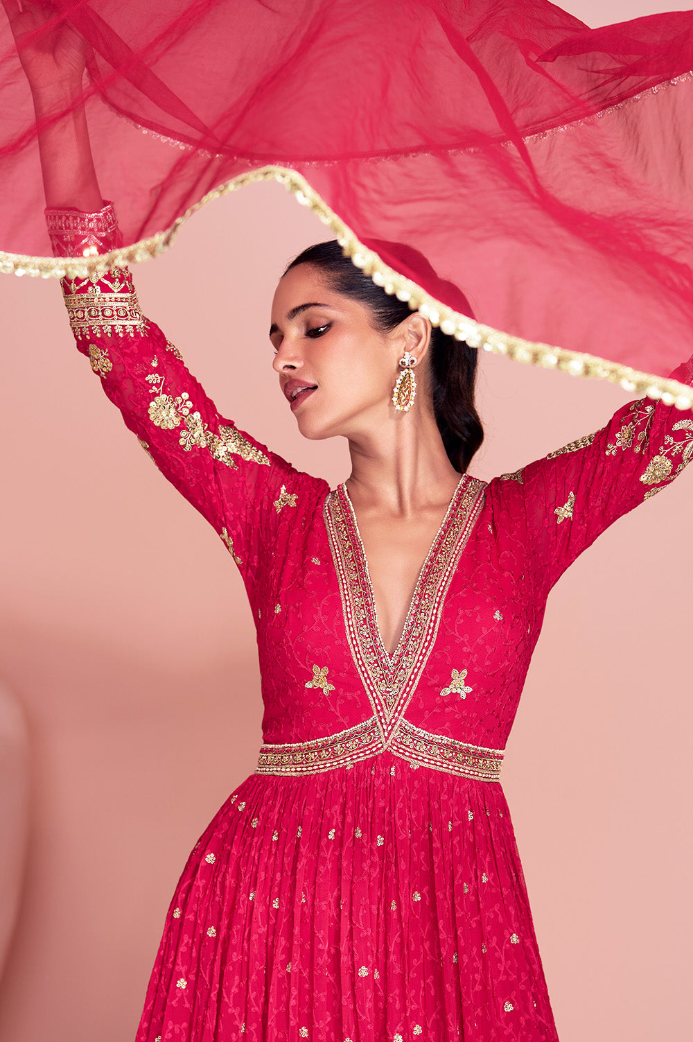 Magenta Georgette Resham, Zari and Sequins Embroidered Alia Cut Anarkali Gown