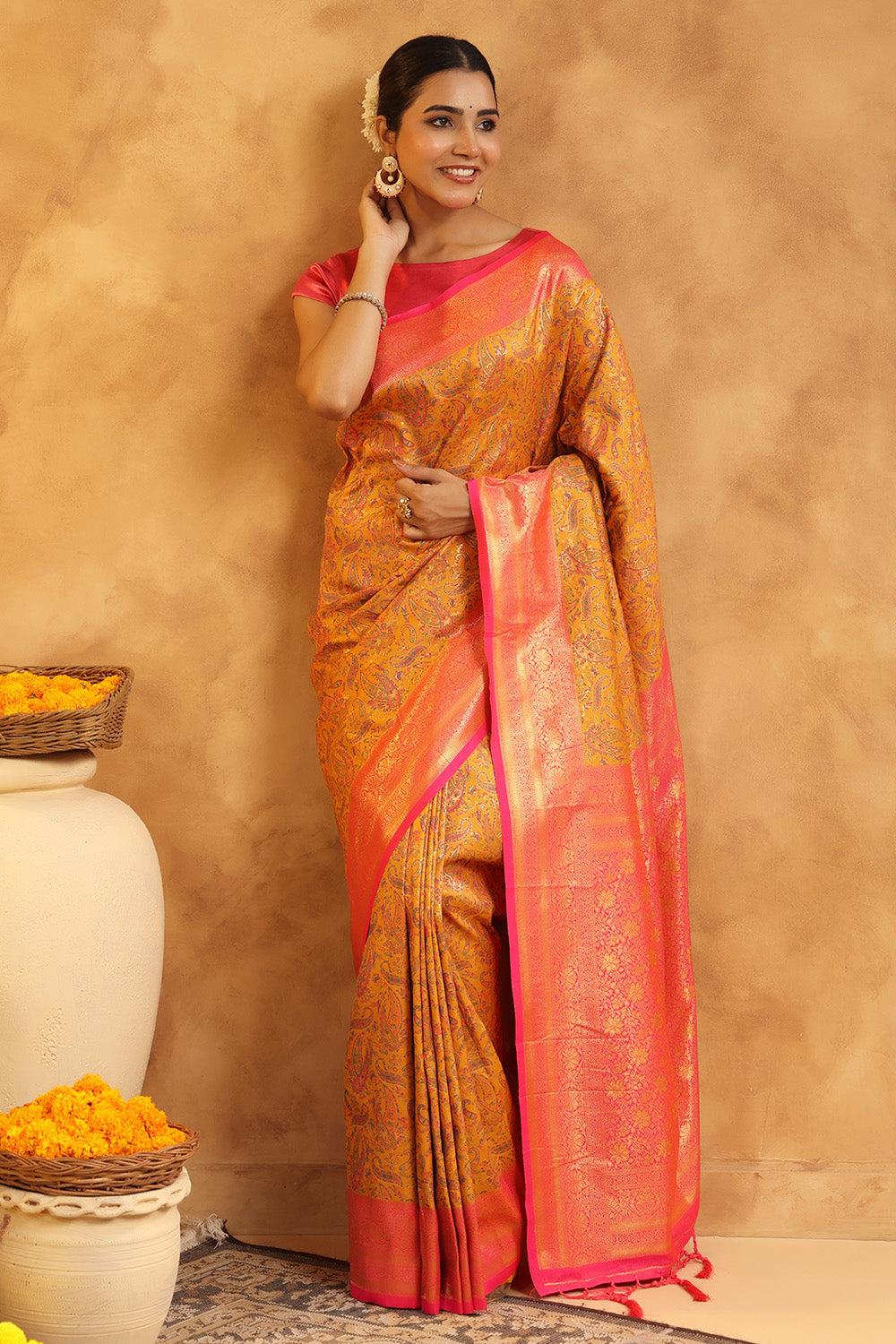Mustard Color Resham Woven Saree