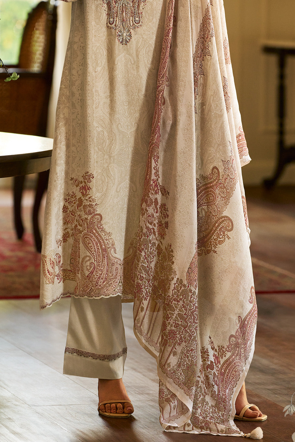 Cream Spun Printed Unstitched Suit Fabric