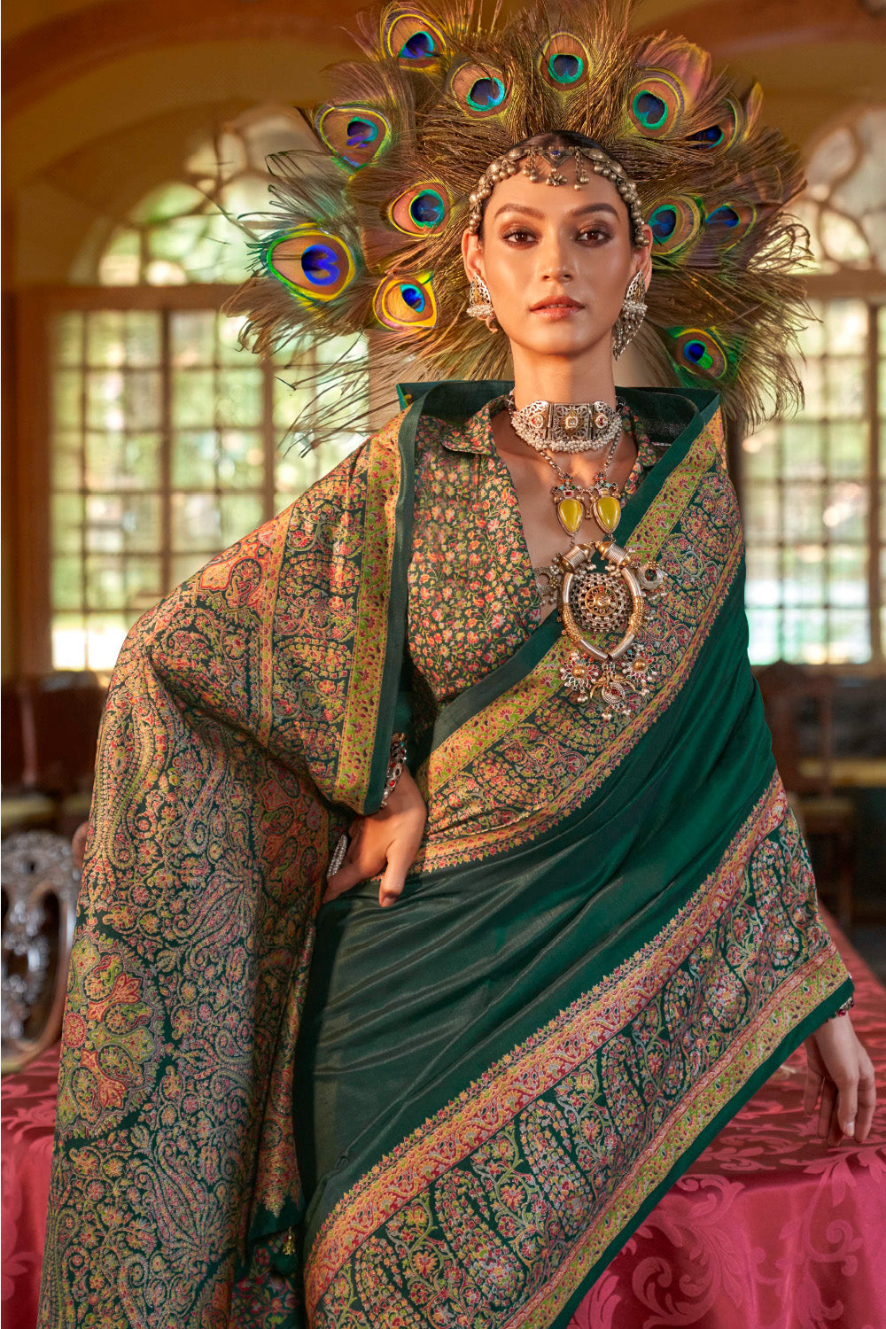 Green Color Printed Gajji Silk Saree