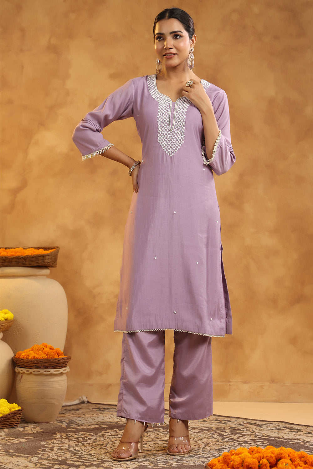 Light Lavender Color Cotton Neck Embroidered Unstitched Suit Fabric