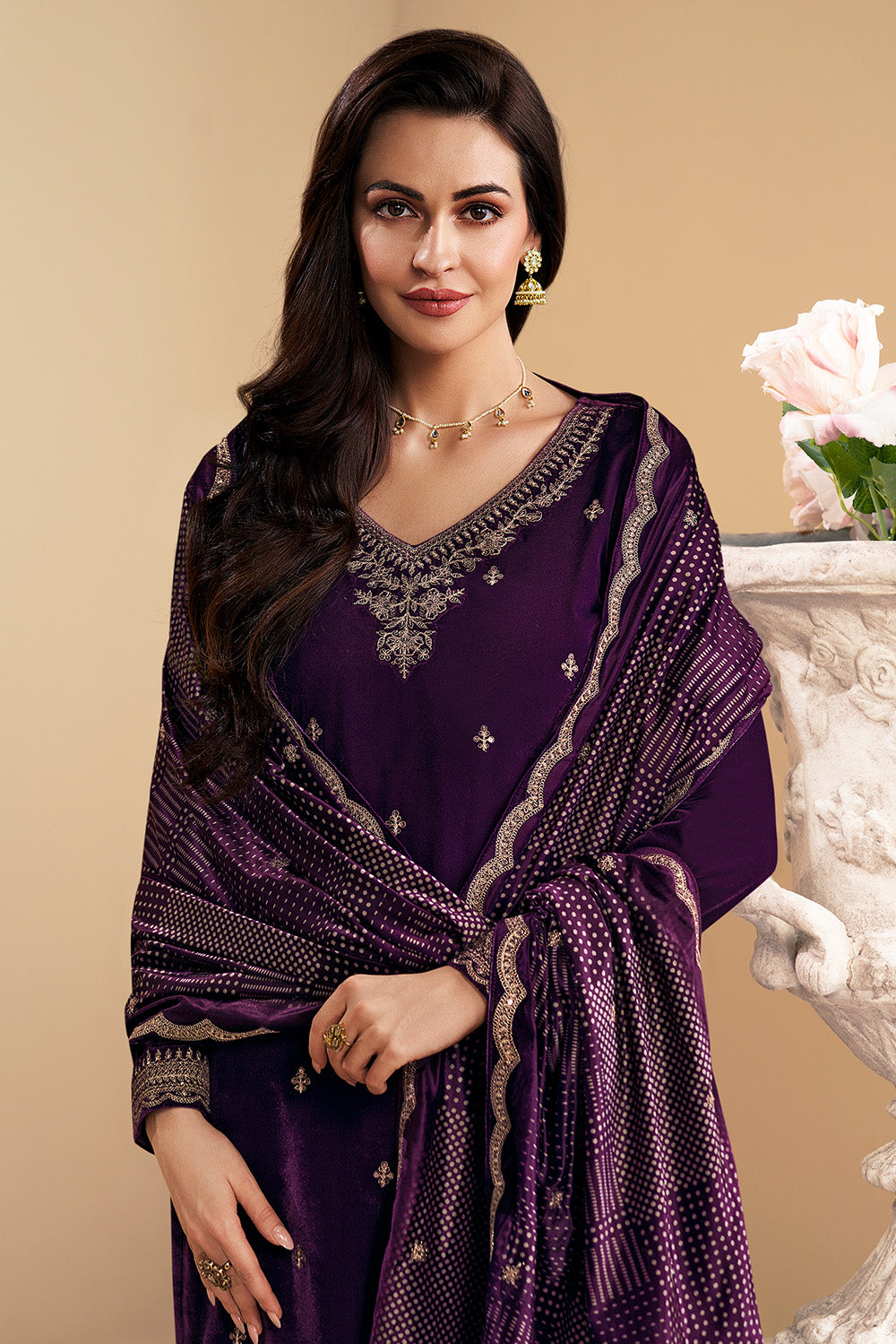 Purple Velvet Zari and Sequins Embroidered Unstitched Suit Fabric