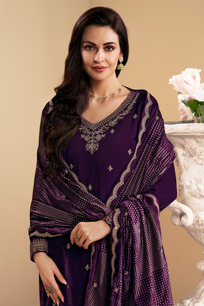 Purple Velvet Zari and Sequins Embroidered Unstitched Suit Fabric