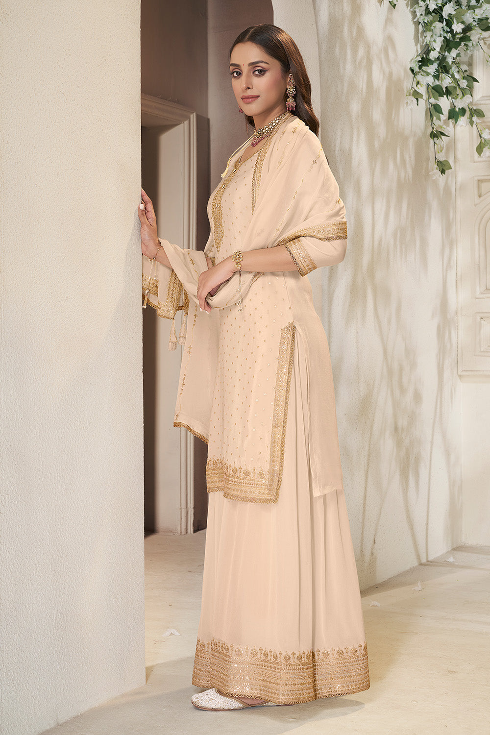Cream Crepe Silk Zari Embroidered Suit With Embroidered Palazzo