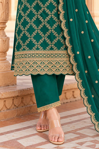 Teal Crepe Silk Zari Woven And Embroidered Unstiched Suit Material