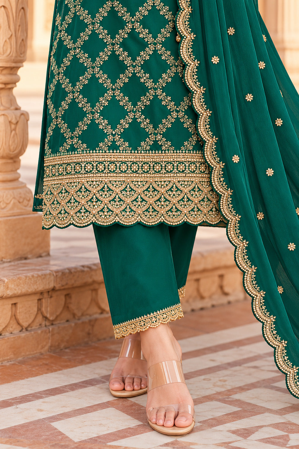 Teal Crepe Silk Zari Woven And Embroidered Unstiched Suit Material