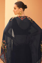 Navy Organza Embroidered Crop-Top Dress With Shruge Stlye Dupatta And Palazzo