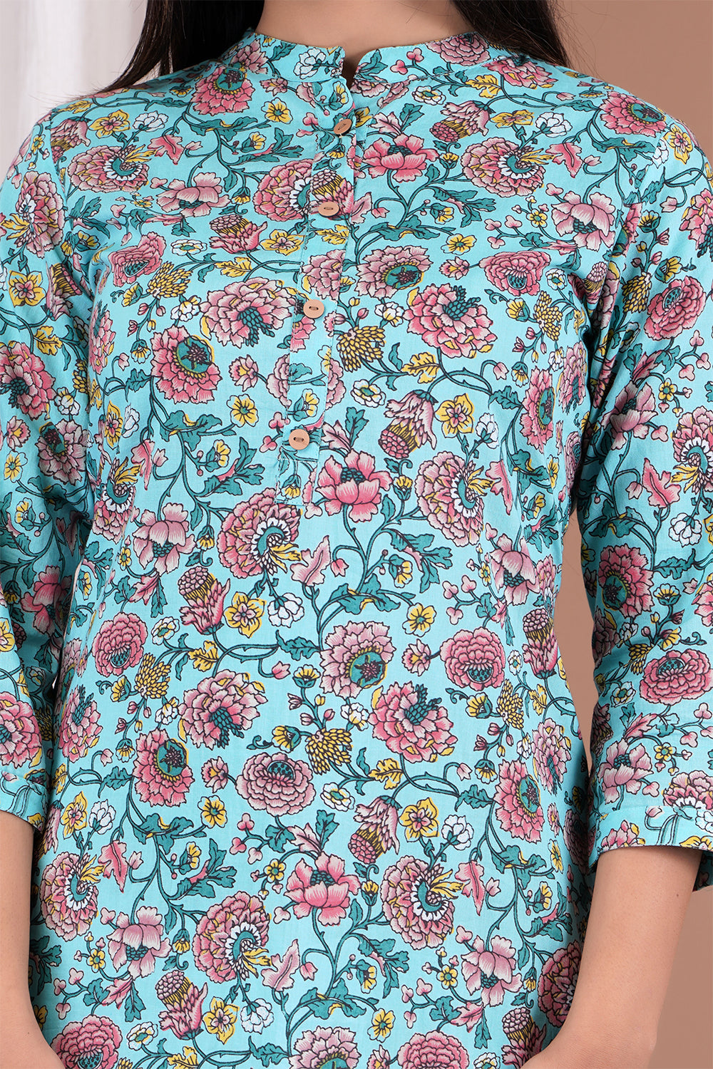 Turquoise Colour Cotton Floral Printed Kurti