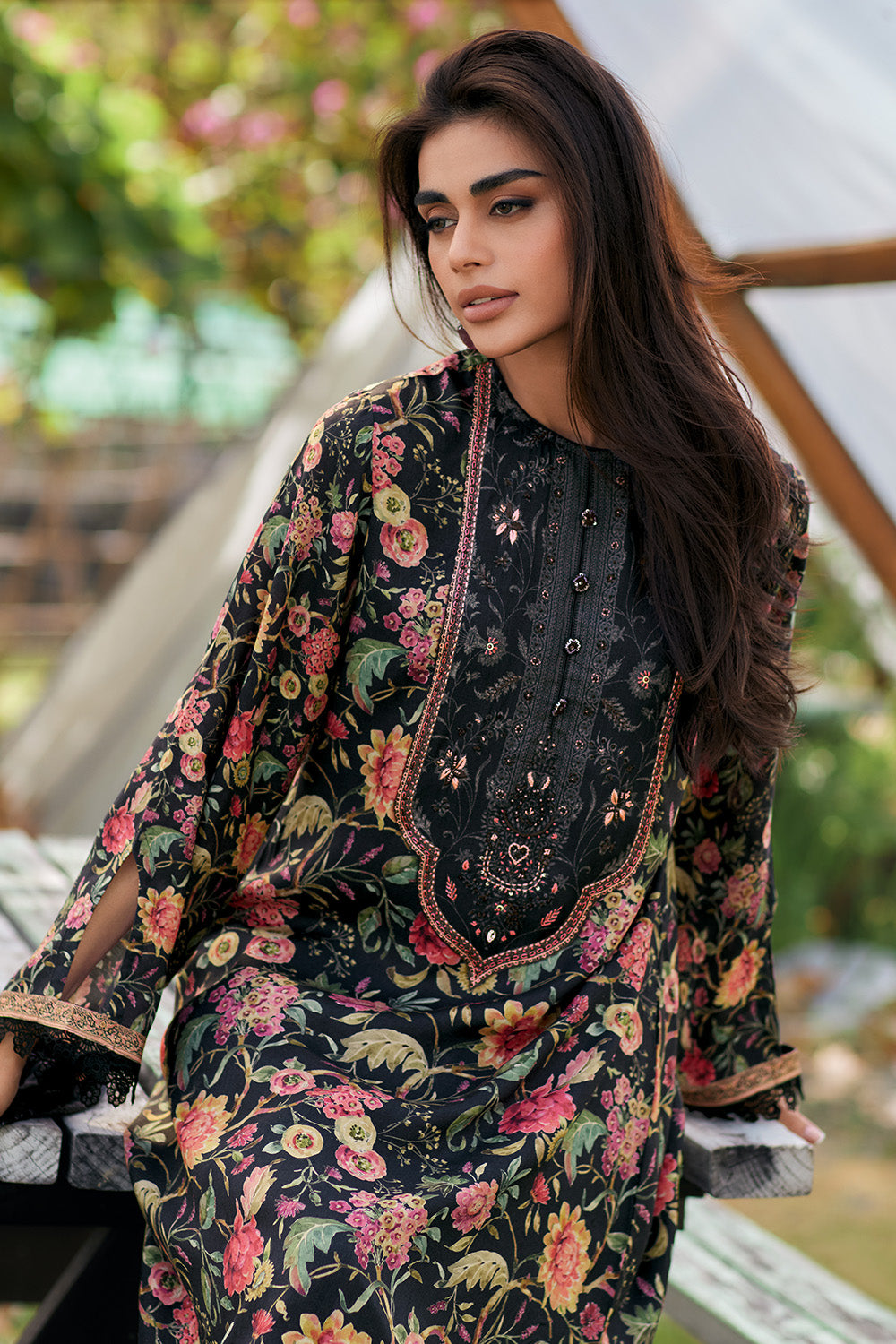 Black Color Crepe Silk Floral Printed Unstitched Suit Fabric