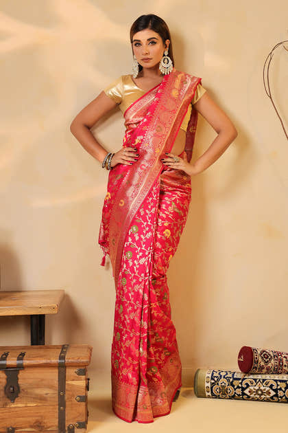 Cherry Red Colour Silk Zari & Resham Woven Saree