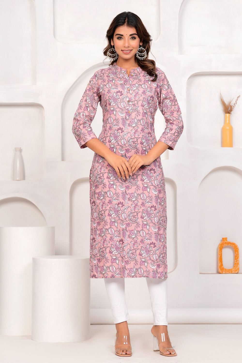 Dusty Pink Color Cotton Printed Long Kurti
