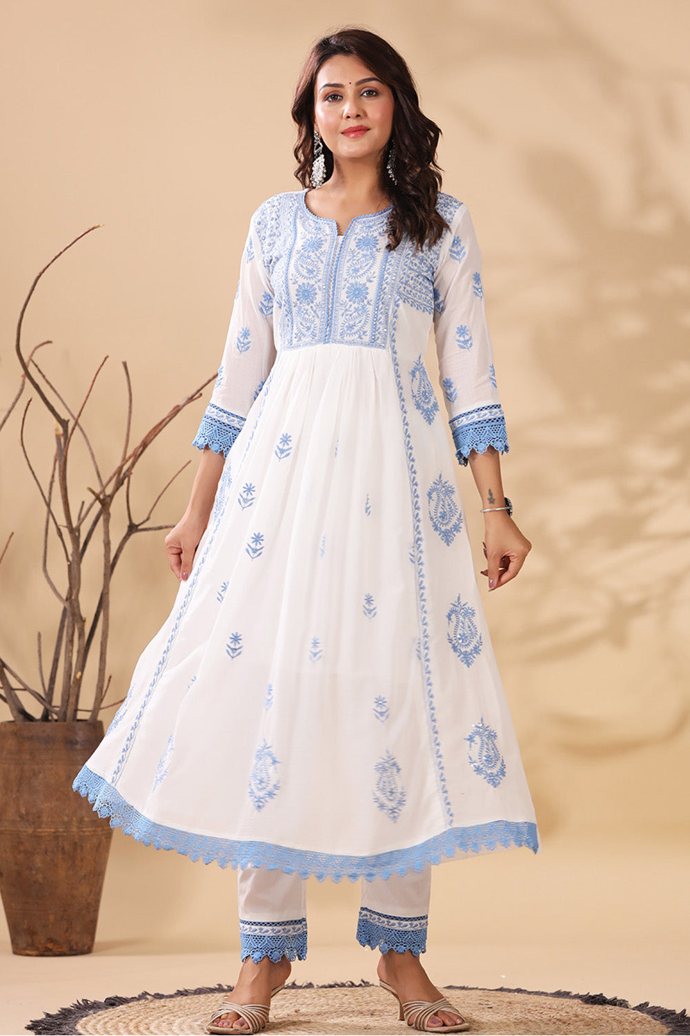 White Color Cotton Resham Embroidered Anarkali Suit