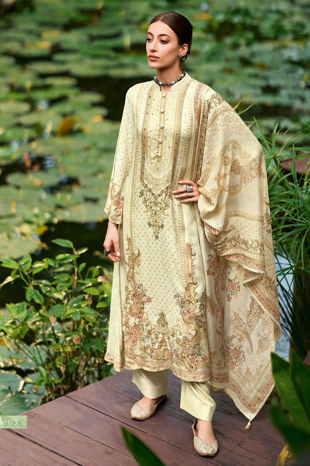 Cream Printed Spun Unstitched Suit Fabric