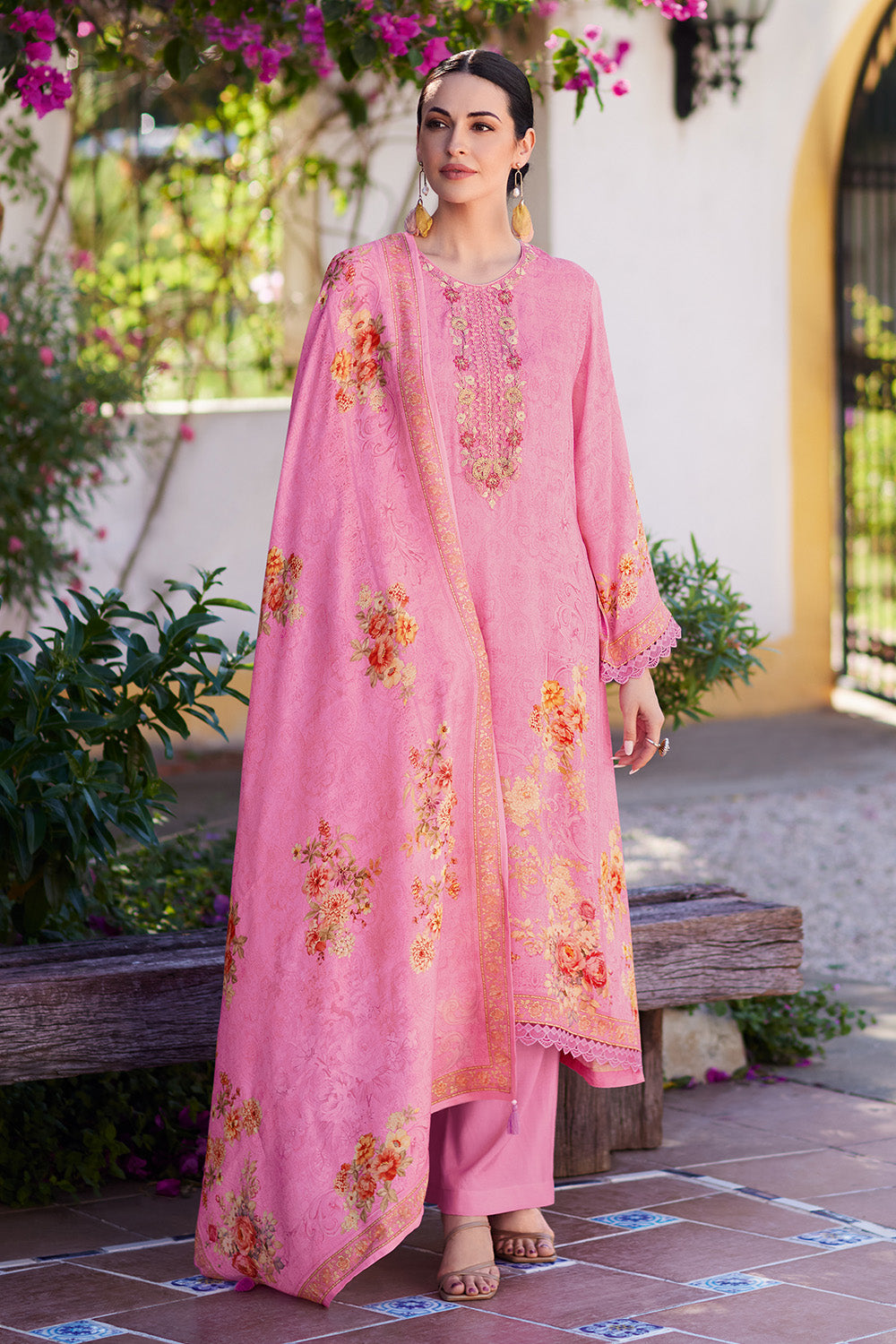 Pink Color Muslin Neck Embroidered & Floral Printed Suit