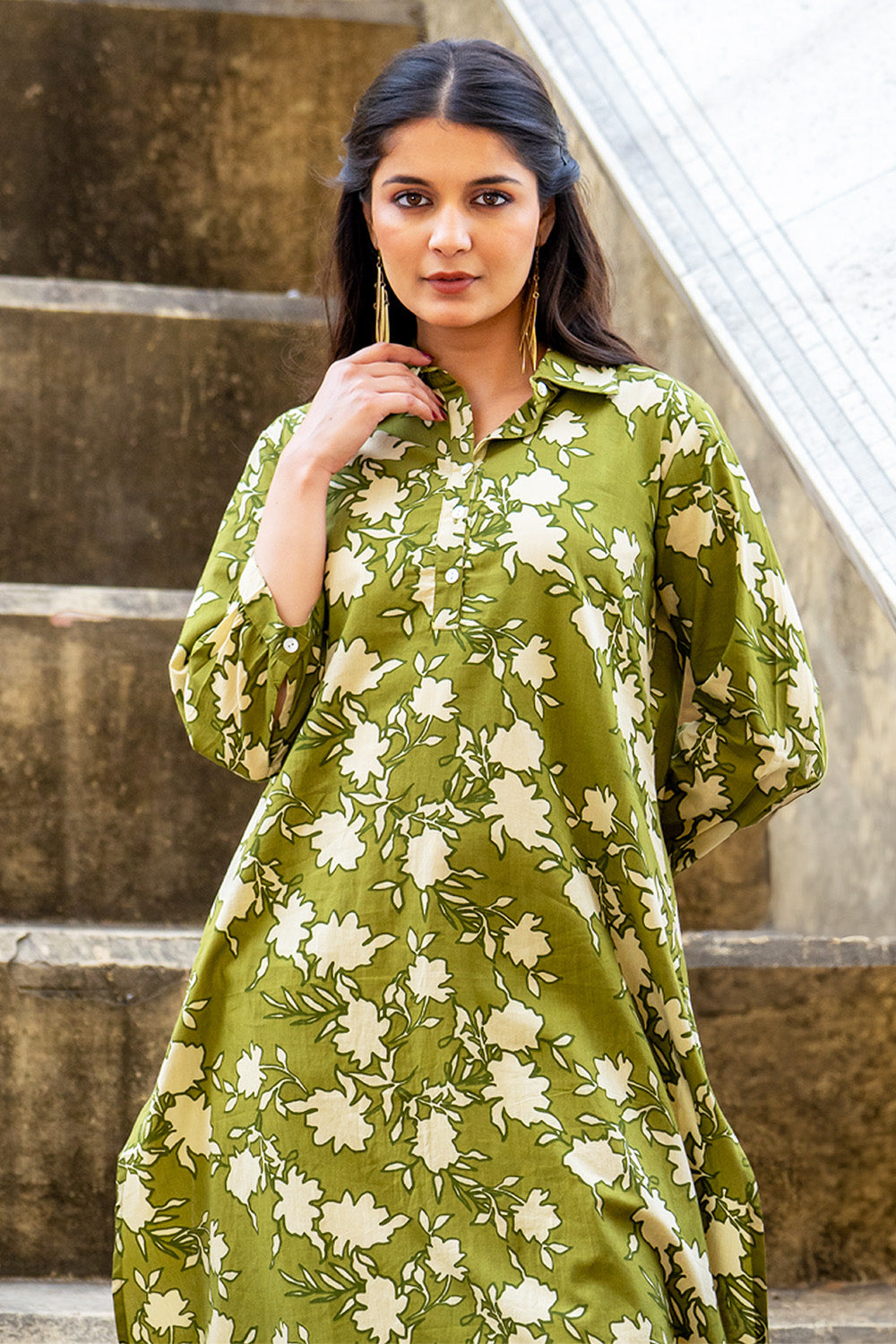 Green Floral Vine Printed  Cotton Kurta Set