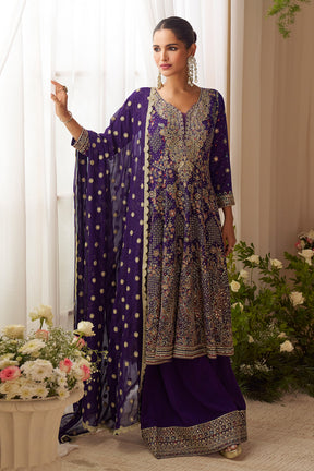 Voilet Georgette Zari And Sequins Embroidered Suit With Embroidered Palazzo